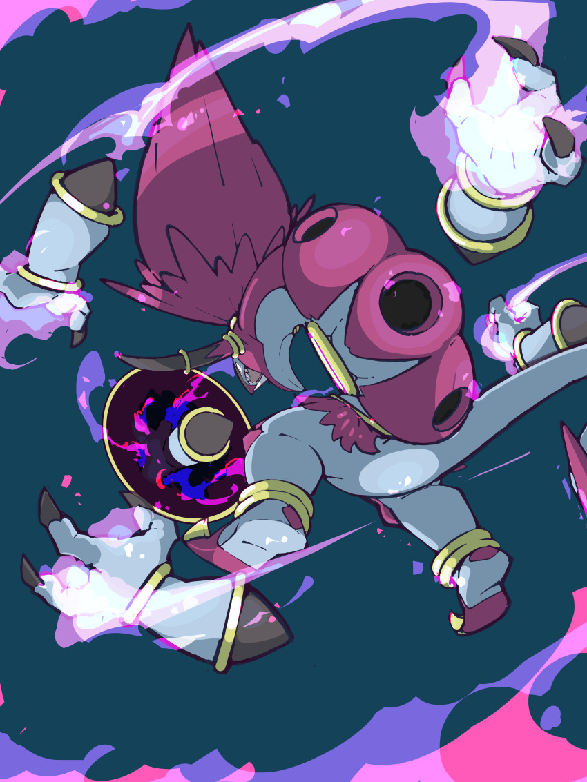 absurdres aqua_background claws commentary_request creatures_(company) disembodied_hand energy game_freak gen_6_pokemon highres hoopa hoopa_(unbound) horn_ornament horn_ring horns legendary_pokemon looking_down mythical_pokemon nintendo open_mouth pokemon pokemon_(creature) pokemon_focus portal_(object) sharp_teeth solo tea_zatter teeth upper_teeth_only