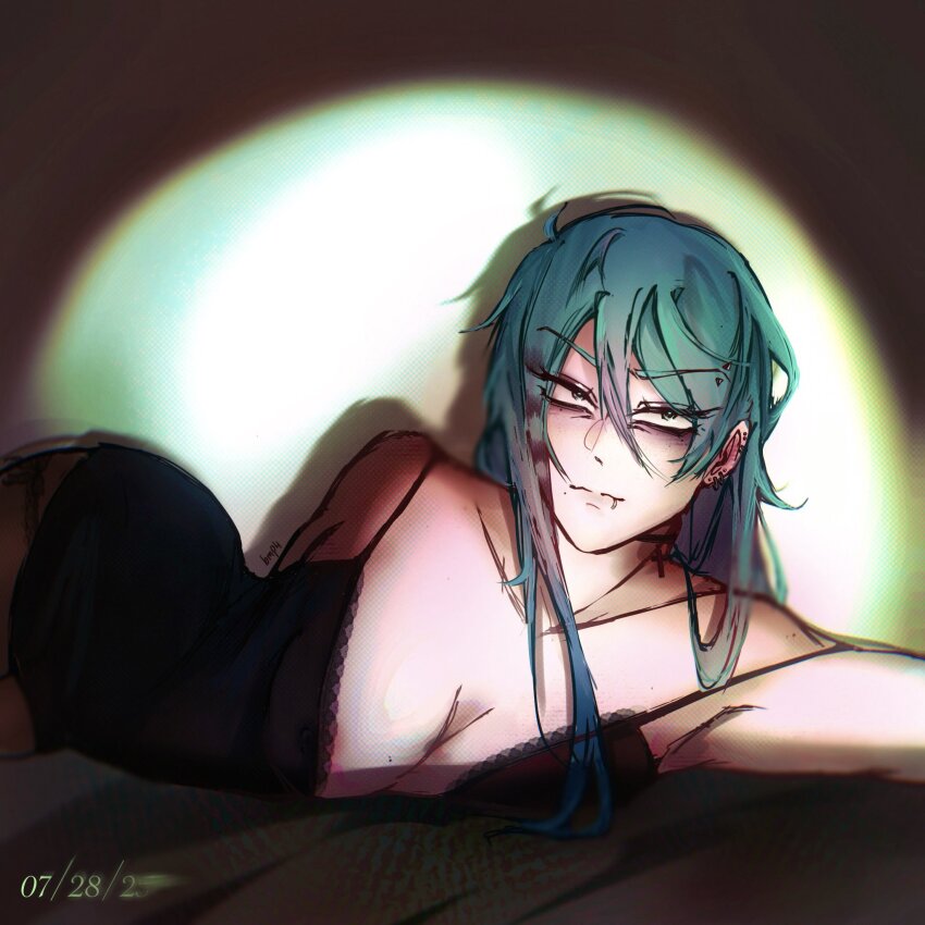 1girl alien_stage besitosmp4 black_dress breasts cleavage commentary dated dress english_commentary face_piercing genderswap genderswap_(mtf) green_eyes grey_hair highres lip_piercing long_hair lying on_side piercing solo spotlight till_(alien_stage)