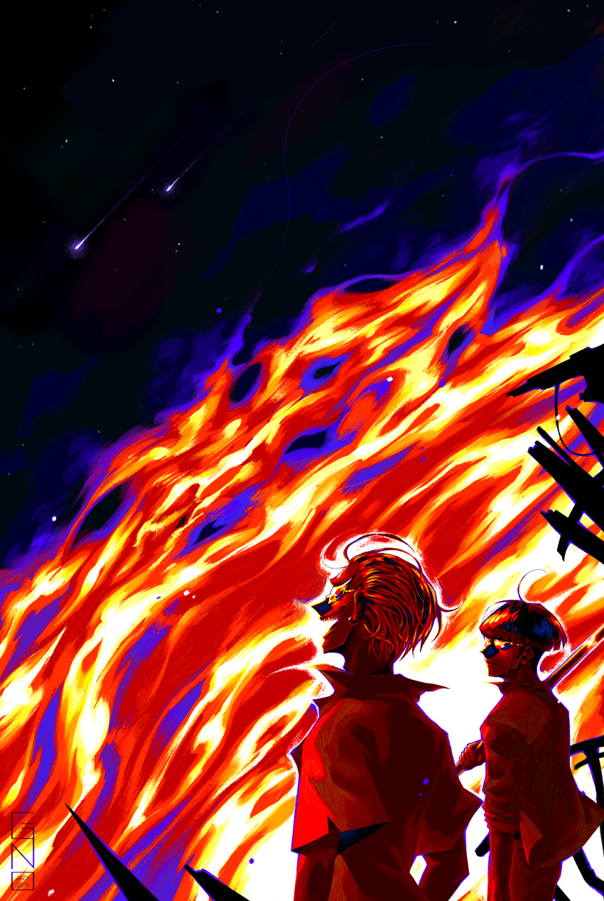 2boys absurdres aged_down black_hair blonde_hair bowl_cut checkered_clothes checkered_shirt commentary donquixote_doflamingo earrings english_commentary falling_star fire food food_on_face ginkochama highres holding holding_stick jewelry looking_at_another multiple_boys night night_sky one_piece open_mouth red_theme shirt short_hair sky star_(sky) starry_sky stick sunglasses teeth upper_body vergo_(one_piece) watermark white_shirt
