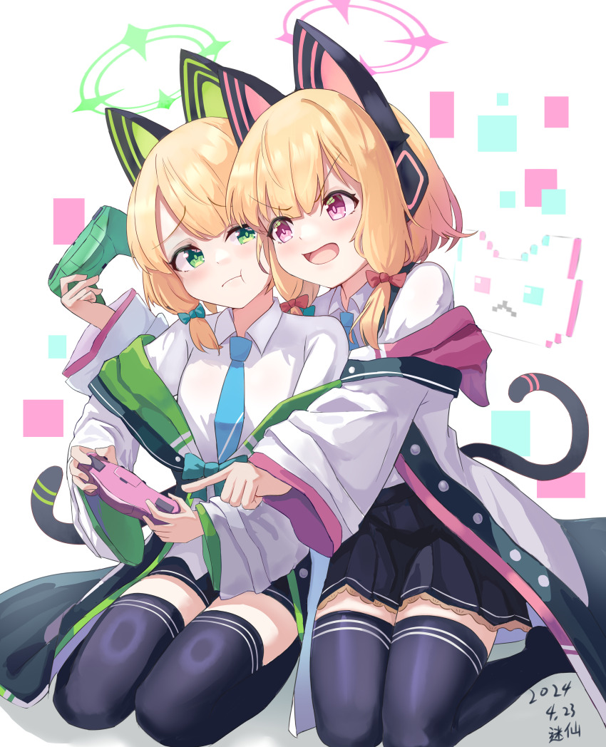 2024 2girls :t absurdres animal_ear_headphones animal_ears artist_name black_skirt black_thighhighs blonde_hair blue_archive blue_necktie blunt_bangs blush bow bright_pupils cat_ear_headphones cat_tail chinese_commentary closed_mouth collared_shirt commentary_request controller dated fake_animal_ears fake_tail frown full_body game_controller gamepad green_bow green_eyes green_halo hair_bow halo headphones highres holding holding_controller holding_game_controller hug hug_from_behind index_finger_raised jacket long_sleeves looking_at_another medium_hair midori_(blue_archive) miniskirt mixian momoi_(blue_archive) multiple_girls necktie no_shoes open_clothes open_jacket open_mouth pink_eyes pink_halo pleated_skirt red_bow school_uniform shirt siblings sidelocks simple_background sisters sitting skirt tail thighhighs twins white_background white_jacket white_shirt wide_sleeves yokozuwari zettai_ryouiki