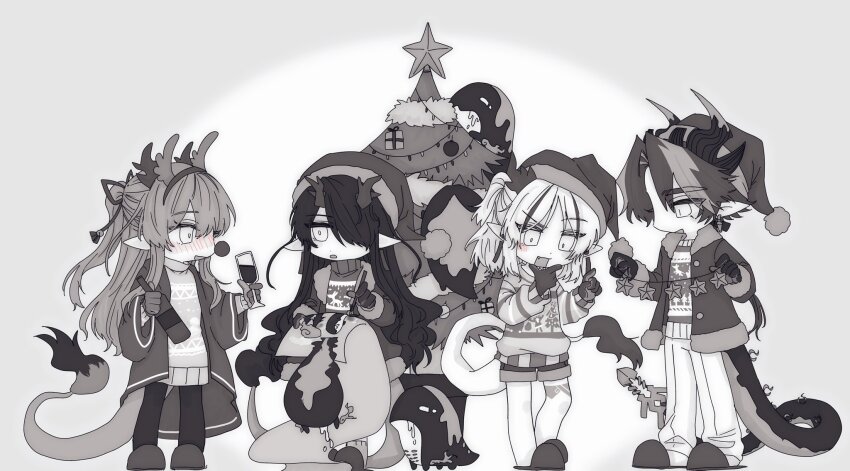 1boy 3girls alcohol arknights bottle brother_and_sister chongyue_(arknights) christmas christmas_ornaments christmas_tree coat commentary_request cosplay creature cup deformed dragon_boy dragon_girl dragon_horns dragon_tail drinking_glass dusk_(arknights) eastern_dragon_horns full_body gong_ark grey_background hair_over_one_eye hat highres holding holding_cup horns korean_commentary ling_(arknights) long_hair looking_at_another low_ponytail multiple_girls nian_(arknights) ponytail rudolph_the_red_nosed_reindeer rudolph_the_red_nosed_reindeer_(cosplay) santa_hat siblings simple_background sisters standing tail very_long_hair wine wine_bottle wine_glass