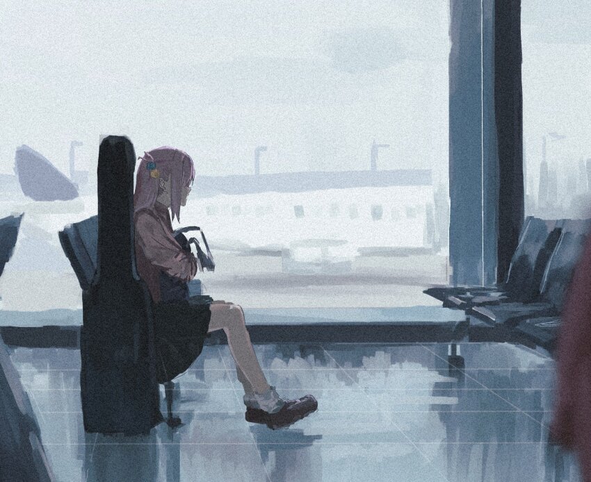 1girl aircraft airplane airport bag black_skirt bocchi_the_rock! brown_shoes commentary_request cube_hair_ornament from_side gotoh_hitori guitar_case hair_ornament highres holding holding_bag instrument_case jacket jet_airliner kakuriyo_rei loafers long_hair long_sleeves loose_socks one_side_up pink_hair pink_jacket pleated_skirt shoes sidelocks sitting skirt socks solo white_socks
