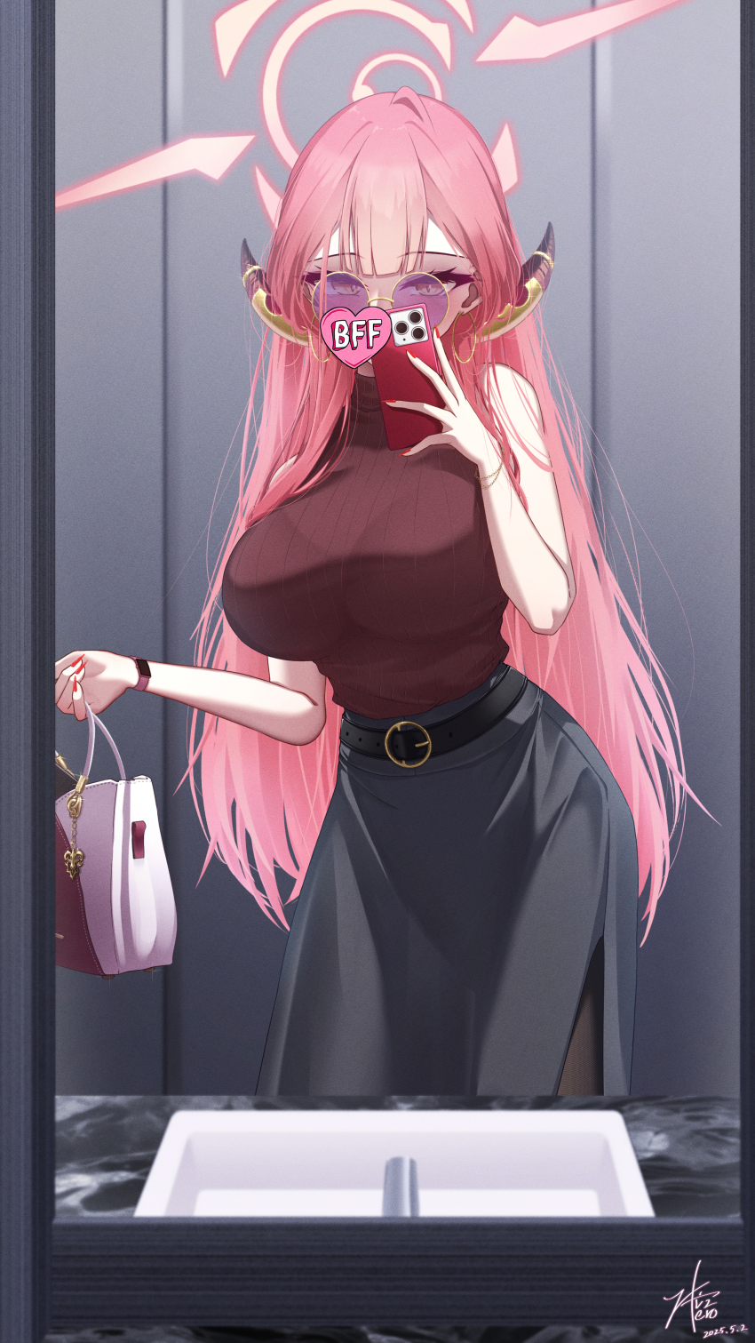 1girl absurdres aru_(blue_archive) bag bathroom belt black_belt black_skirt blue_archive breasts cellphone earrings halo handbag highres holding holding_bag holding_phone hoop_earrings horns jewelry large_breasts long_hair mirror pantyhose phone pink_hair pink_halo red_nails red_sweater reflection selfie sink skirt sleeveless sleeveless_turtleneck smartphone solo sunglasses sweater tinted_eyewear turtleneck very_long_hair watch wristwatch yellow_eyes z_shitei_ero