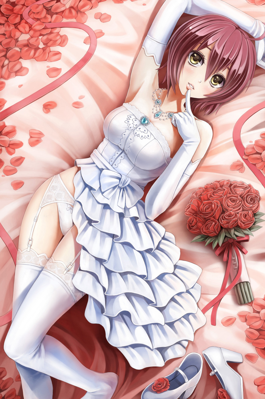 1girl ahoge arm_up bare_shoulders bouquet bow bow_panties breasts dress elbow_gloves female_focus flower g-senjou_no_maou garter_belt garter_straps gloves highres jewelry lace lace-trimmed_legwear lace_trim large_breasts lips long_legs looking_at_viewer miwa_tsubaki necklace panties petals red_hair ribbon rose shoes short_hair solo sunimu thighhighs underwear unworn_shoes wedding_dress white_gloves white_panties white_thighhighs yellow_eyes