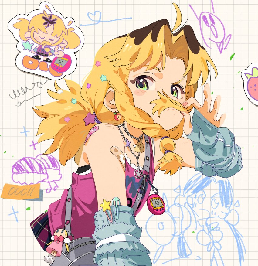 1girl absurdres ahoge apple_earrings arm_warmers bag bandaid bandaid_on_arm bandaid_on_shoulder blonde_hair blue_arm_warmers braid breasts brown_hair commentary earrings fake_facial_hair fake_mustache food-themed_earrings food_themed_earrings frown green_eyes grey_bag hair_mustache hair_ornament highres jewelry looking_at_viewer luo_meimei medium_breasts multicolored_hair necklace one_less_chopstick_band pink_shirt raised_eyebrow shirt shoulder_bag side_braid solo star_(symbol) star_hair_ornament star_necklace sticker tamagotchi_(virtual_pet) translation_request troka two-tone_hair upper_body