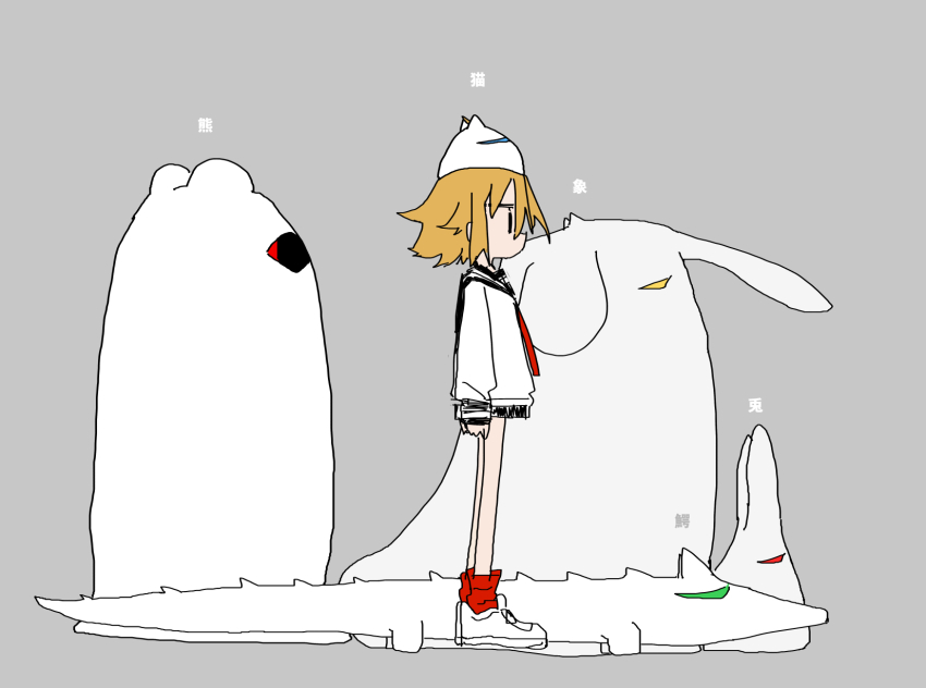 1girl arms_at_sides black_eyes black_skirt blonde_hair creature creature_on_head expressionless from_side grey_background highres kokaki_mumose long_sleeves looking_ahead miniskirt moneko_(kokaki_mumose) monster neck_ribbon null-meta profile red_ribbon red_socks ribbon school_uniform serafuku shirt shoes short_hair simple_background skirt sneakers socks solo translation_request uozumi_kurumi white_shirt white_shoes
