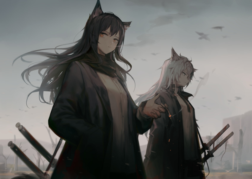 2girls animal_ear_fluff animal_ears arknights bird black_coat black_hair black_scarf blurry blurry_background chinese_commentary cigarette coat commentary_request hair_between_eyes hand_in_pocket holding holding_cigarette huanxiang_heitu lappland_(arknights) long_hair looking_at_viewer looking_to_the_side multiple_girls multiple_swords open_clothes open_coat orange_eyes outdoors scarf shirt sky smoke smoking texas_(arknights) tree upper_body white_hair white_shirt