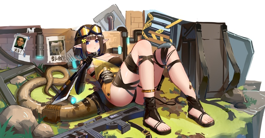 1girl arknights bare_shoulders bikini black_bikini black_gloves black_panties black_sandals blue_eyes breasts brick_wall brown_hair butterfly_hair_ornament elbow_gloves eunectes_(arknights) gloves goggles goggles_on_head gun hair_ornament highres holding holding_weapon knees_up looking_at_viewer lying medium_breasts on_back panties parted_lips pointy_ears poster_(object) sandals snake_tail solo swimsuit tail underwear wangqi weapon weapon_request white_background