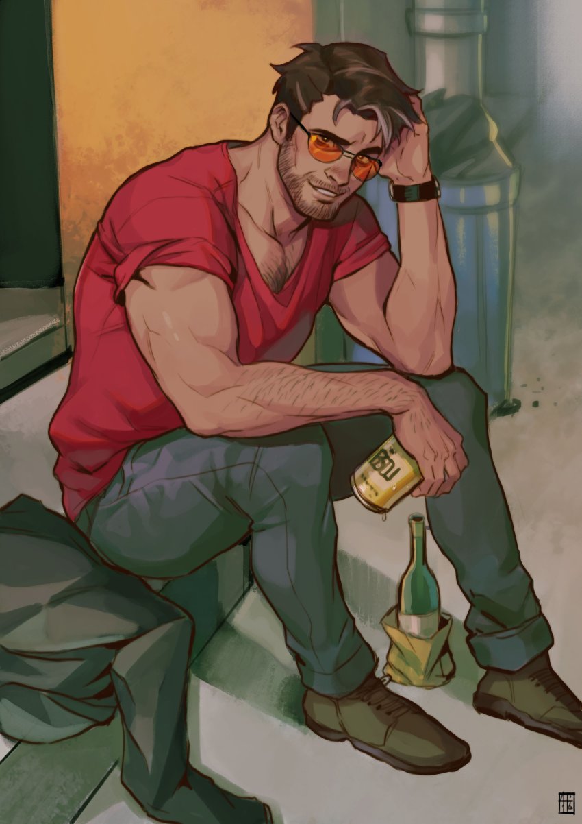 1boy absolum_art absurdres bara beard brown_hair denim dream_daddy:_a_dad_dating_simulator facial_hair highres looking_at_viewer male_focus mature_male muscular muscular_male pants red_shirt robert_small shirt short_hair smile solo