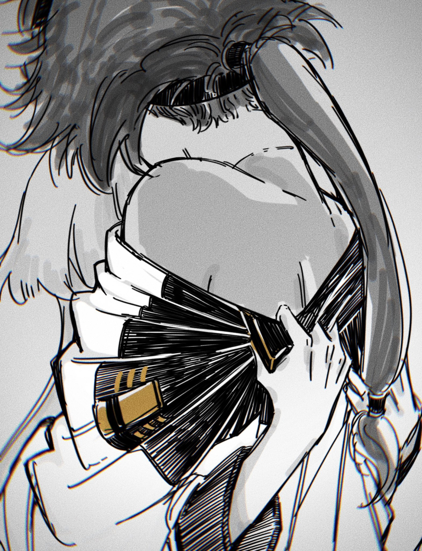2girls asticassia_school_uniform clothes_pull commentary english_commentary greyscale gundam gundam_suisei_no_majo hairband highres himmel_(keine_haare) long_hair long_sleeves miorine_rembran monochrome multiple_girls ponytail school_uniform shirt_pull spot_color suletta_mercury yuri