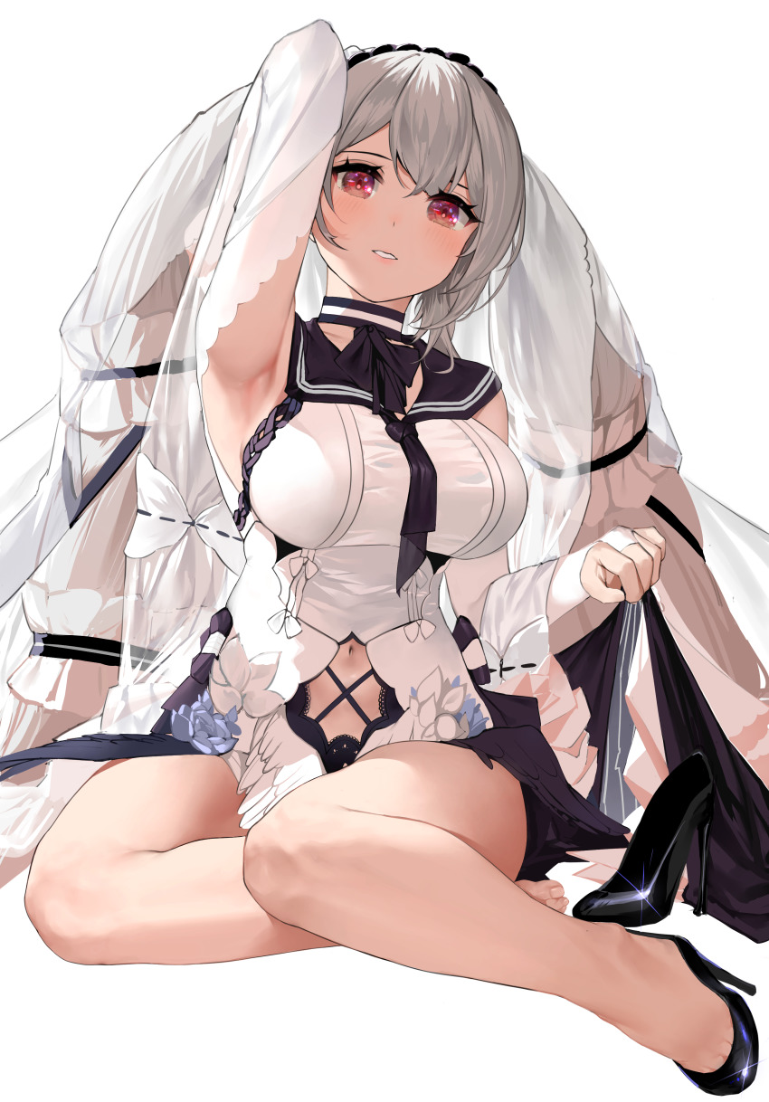 024th 1girl absurdres arm_up armpits azur_lane bare_shoulders black_choker black_dress black_neckerchief black_sailor_collar black_shoes blush bow breasts chinese_commentary choker clothes_lift clothing_cutout commentary_request dress dress_bow dress_lift feather_dress formidable_(azur_lane) formidable_(timeless_classics)_(azur_lane) full_body grey_hair hair_between_eyes hair_ornament hair_ribbon high_heels highres large_breasts long_hair looking_at_viewer navel navel_cutout neckerchief official_alternate_costume parted_lips red_eyes ribbon sailor_collar shoes sidelocks simple_background single_shoe sitting smile solo toe_cleavage twintails two-tone_dress veil very_long_hair white_background white_dress yokozuwari