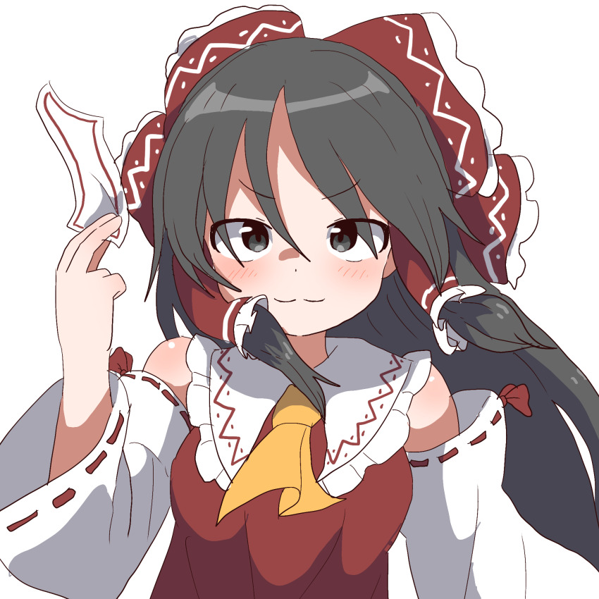 1girl ascot between_fingers black_eyes black_hair bow collar collared_shirt detached_sleeves frilled_bow frilled_collar frilled_hair_tubes frills hair_bow hair_tubes hakurei_reimu highres holding long_hair long_sleeves looking_at_viewer magg_(user_mtca8588) ofuda red_bow red_shirt ribbon-trimmed_sleeves ribbon_trim shirt sidelocks simple_background sleeveless sleeveless_shirt smile solo touhou white_background white_sleeves wide_sleeves yellow_ascot