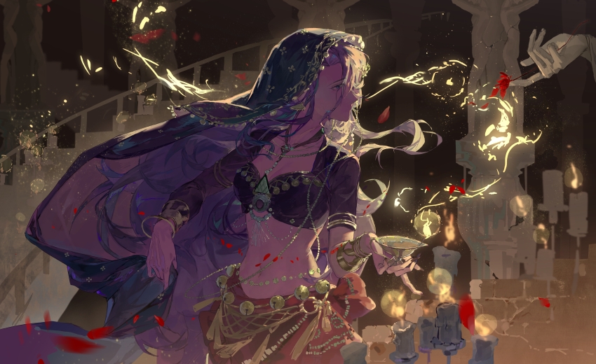 1girl absurdres asymmetrical_sleeves backlighting black_shirt blue_eyes bo&#039;abi bracelet breasts candle cleavage cropped_shirt dark_background falling_petals fire green_veil highres holding_lamp indoors jewelry long_hair looking_to_the_side medium_breasts navel official_alternate_costume oil_lamp petals profile purple_hair red_skirt reverse:1999 shirt skirt solo statue stomach turning_head uneven_sleeves upper_body veil very_long_hair willow_(reverse:1999)
