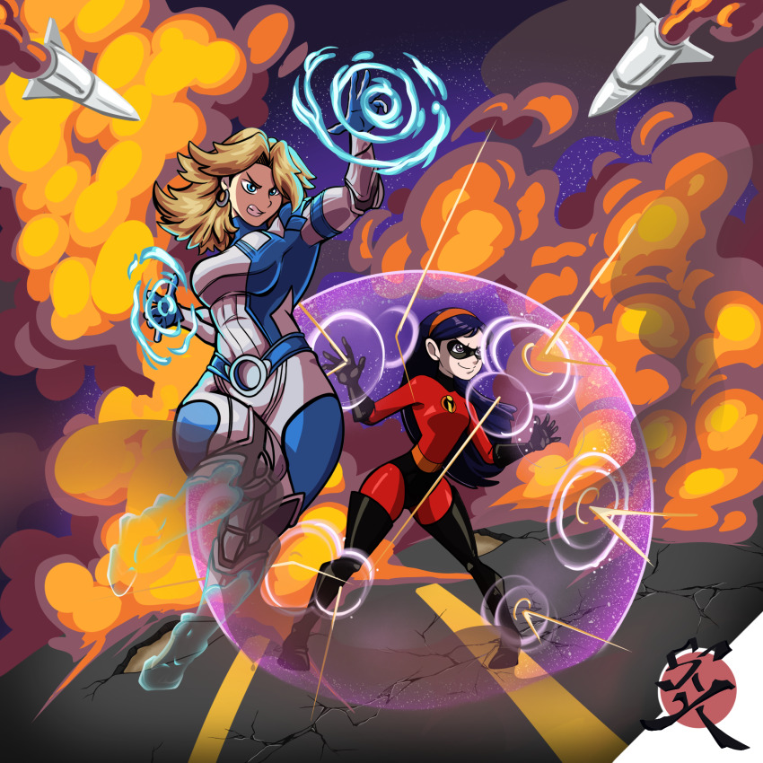 2girls black_hair blonde_hair blue_eyes bodysuit boots clenched_teeth crack cracked_floor crossover domino_mask earrings energy_barrier explosion fantastic_four full_body gloves hairband highres jewelry long_hair making-of_available marvel mask missile multiple_girls mymriryl night night_sky outdoors power_connection purple_eyes sky smile smoke star_(sky) starry_sky teeth the_incredibles violet_parr