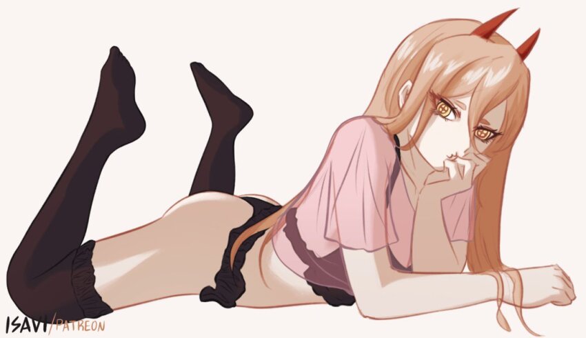 1girl artist_name ass black_bra black_panties black_thighhighs blonde_hair bra breasts chainsaw_man commentary cropped_shirt demon_horns english_commentary eyelashes feet_out_of_frame feet_up frilled_bra frilled_panties frills full_body grey_background hair_between_eyes hand_up head_rest horns isavi lingerie long_hair looking_at_viewer lying no_shoes on_stomach panties pink_shirt power_(chainsaw_man) red_horns see-through_clothes see-through_shirt shirt short_sleeves simple_background small_breasts soles solo symbol-shaped_pupils the_pose thighhighs toes underwear