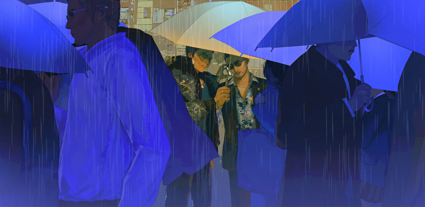 2boys absurdres black_jacket cellphone character_request check_character city facial_hair flip_phone goatee hawaiian_shirt highres holding holding_jacket holding_umbrella holding_unworn_clothes jacket long_sleeves male_focus multiple_boys mustache outdoors parted_lips people phone rain ryuu_ga_gotoku_(series) scar scar_across_eye scar_on_face scar_on_forehead scar_on_mouth shared_umbrella shirt short_hair talking_on_phone umbrella unworn_jacket yorunue_ro zhao_tianyou
