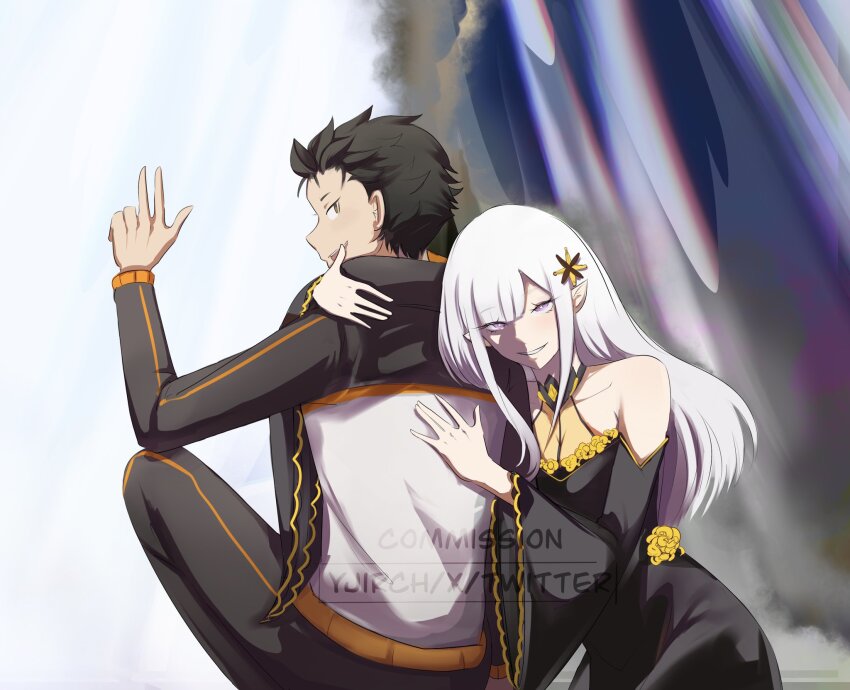 1boy 1girl black_dress black_hair breasts brown_eyes cleavage dress elf flower hair_between_eyes hair_ornament highres hug jacket long_hair natsuki_subaru pants peace_symbol pointy_ears purple_eyes re:zero_kara_hajimeru_isekai_seikatsu riin(yjirch) satella_(re:zero) short_hair smile track_jacket track_pants track_suit v white_hair yandere