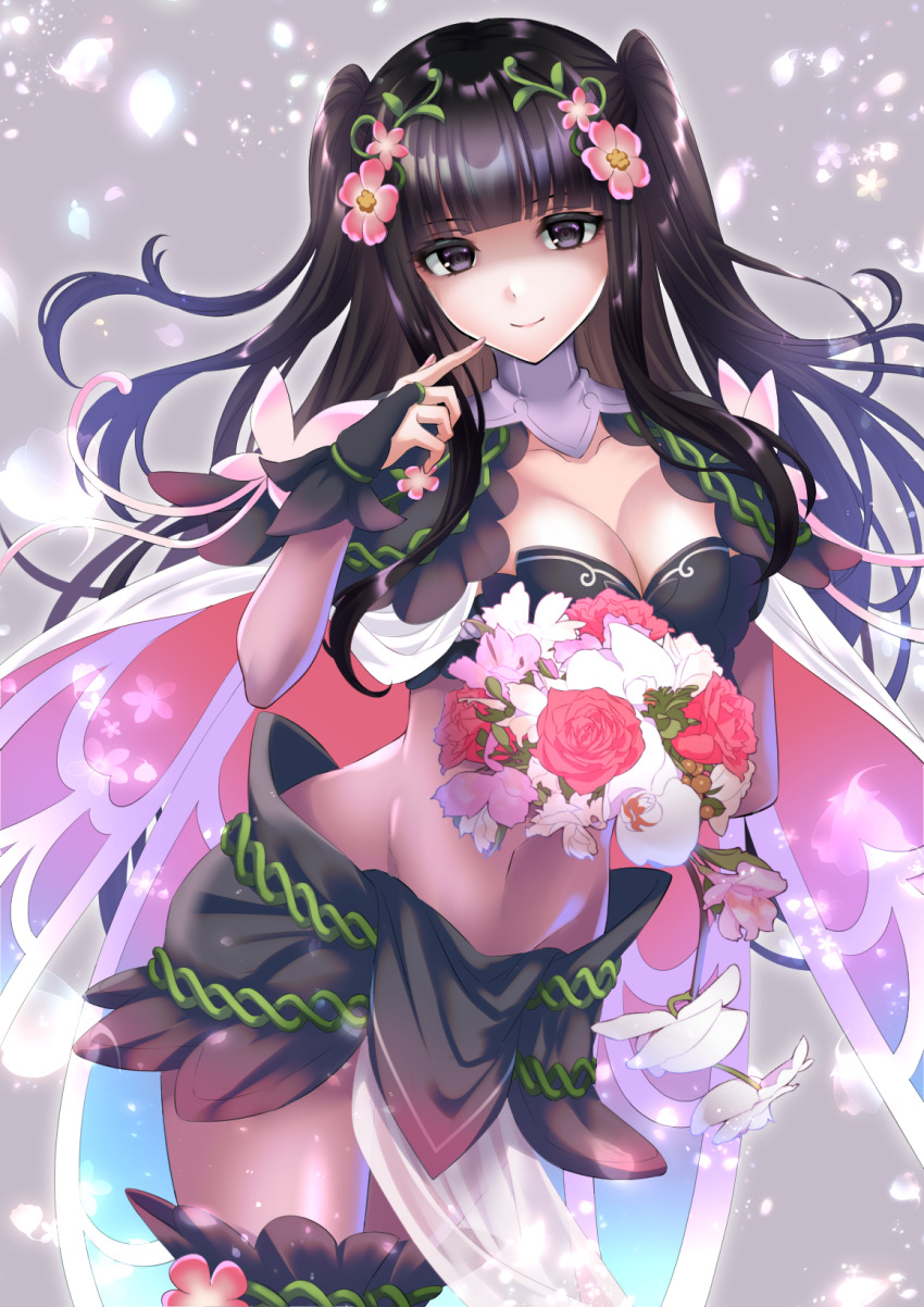 1girl black_hair breasts bridal_gauntlets cape cleavage covered_navel fire_emblem fire_emblem_awakening fire_emblem_heroes hair_ornament highres kakiko210 large_breasts long_hair nintendo official_alternate_costume tharja_(fire_emblem) tharja_(resplendent)_(fire_emblem) twintails