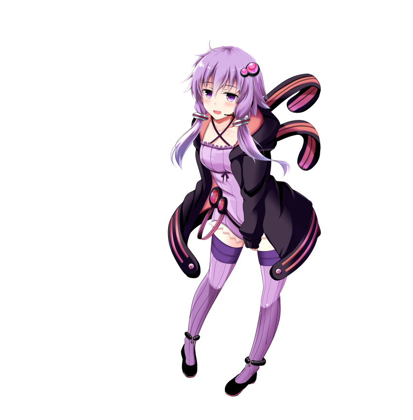 1girl absurdres alpha_transparency anklet black_jacket black_shoes breasts commentary_request criss-cross_halter dress full_body hair_ornament halterneck highres hood hooded_jacket jacket jewelry kiki_(koikuchikinako) low_twintails medium_breasts open_mouth psd_available purple_dress purple_eyes purple_hair purple_thighhighs ribbed_thighhighs shoes sleeves_past_wrists smile solo thighhighs transparent_background twintails voiceroid yuzuki_yukari