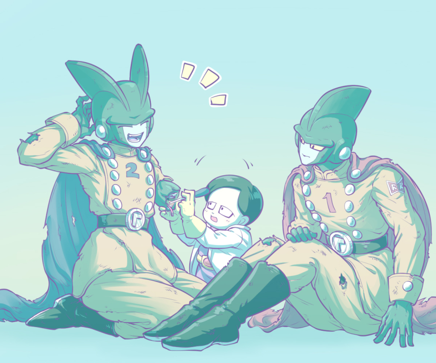 3boys :d ^_^ battle_damage belt black_belt black_footwear black_gloves black_hair blue_cape boots buttons cape closed_eyes closed_mouth coat colored_sclera colored_skin colored_tongue commentary_request double-breasted dr._hedo dragon_ball dragon_ball_super dragon_ball_super_super_hero fang gamma_1 gamma_2 gloves gradient_background grey_skin holding holding_screwdriver jacket knees_up koukyouji lab_coat laughing long_sleeves looking_at_another male_focus missing_limb multiple_boys notice_lines open_clothes open_coat open_mouth pants purple_tongue red_cape round_teeth screwdriver seiza short_hair simple_background sitting smile teeth tongue torn_cape torn_clothes torn_pants white_coat yellow_gloves yellow_jacket yellow_pants yellow_sclera