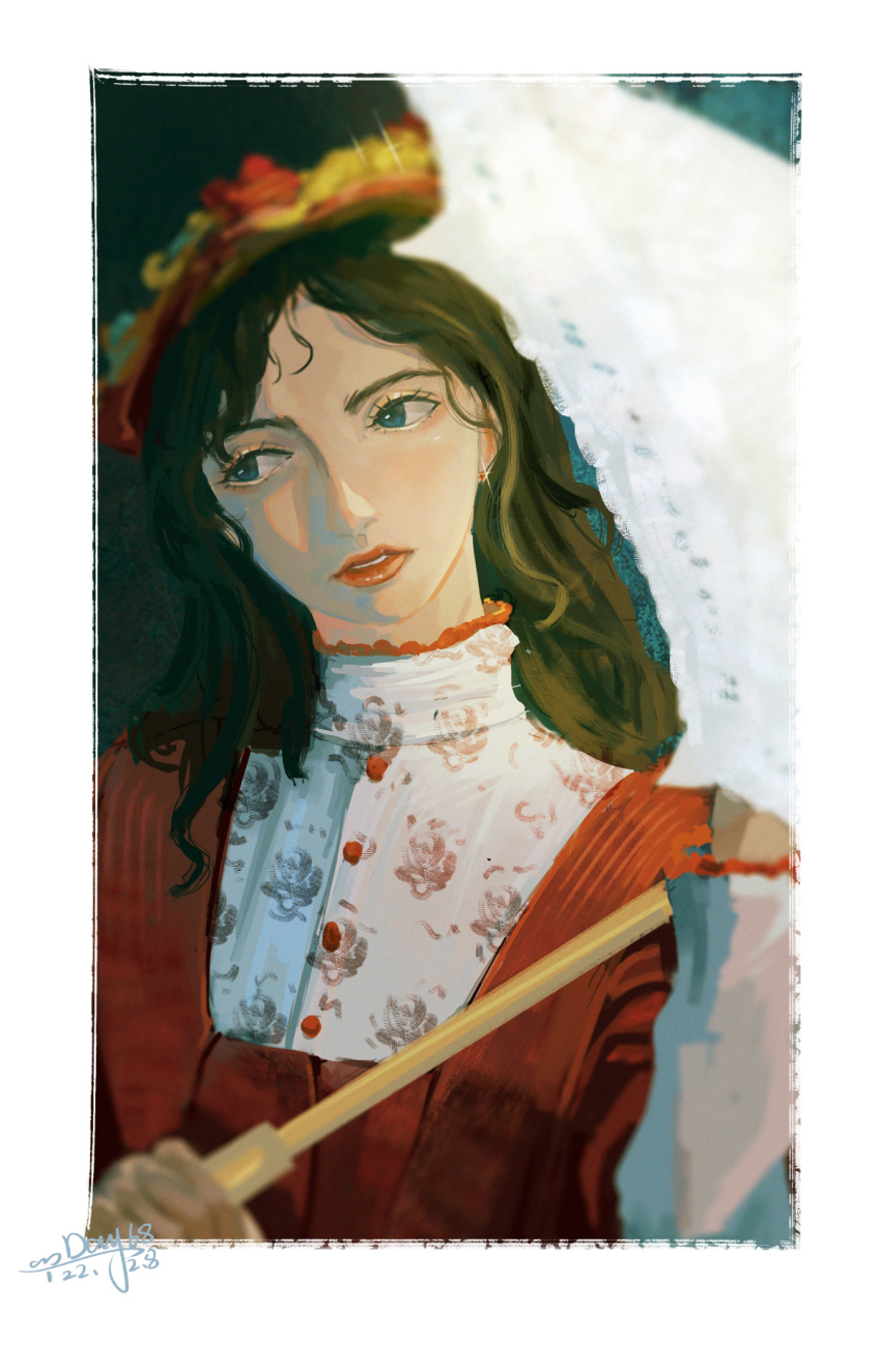 1girl blue_background blue_eyes border bright_pupils brown_hair buttons chinese_commentary commentary_request dated dress expressionless eyelashes floral_print flower hat hat_flower highres holding holding_umbrella lace lace-trimmed_dress lace-trimmed_sleeves lace-trimmed_umbrella lace_trim lipstick long_hair long_sleeves looking_to_the_side makeup multicolored_hair one-hour_drawing_challenge original parasol parted_lips pinstripe_pattern pinstripe_vest red_flower red_hat red_lips red_rose red_vest rose rose_print sanshui_guantang shirt signature simple_background solo streaked_hair thick_eyebrows turtleneck turtleneck_shirt umbrella upper_body vest wavy_hair white_border white_pupils white_shirt white_umbrella