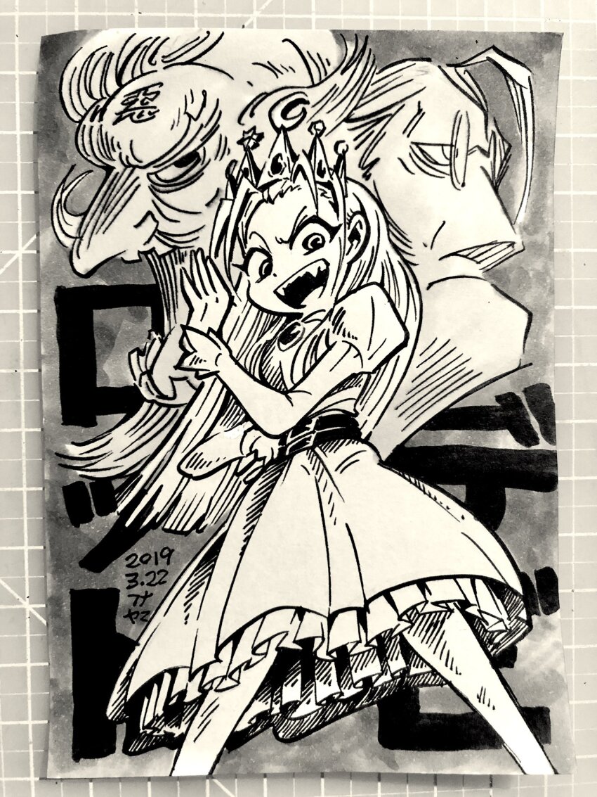1girl 2019 2boys belt belt_around_waist chest_jewel cyberbots dated devilot_de_deathsatan_ix dr_stein fangs feet_out_of_frame full_body funayama_yasuaki greyscale hair_slicked_back hand_on_own_hip hand_up head_only highres jeweled_crown jigoku_daishi juliet_sleeves laughing long_hair long_sleeves looking_at_viewer looking_down monochrome multiple_belts multiple_boys ojou-sama_pose open_mouth princess puffy_sleeves smile smug solo_focus