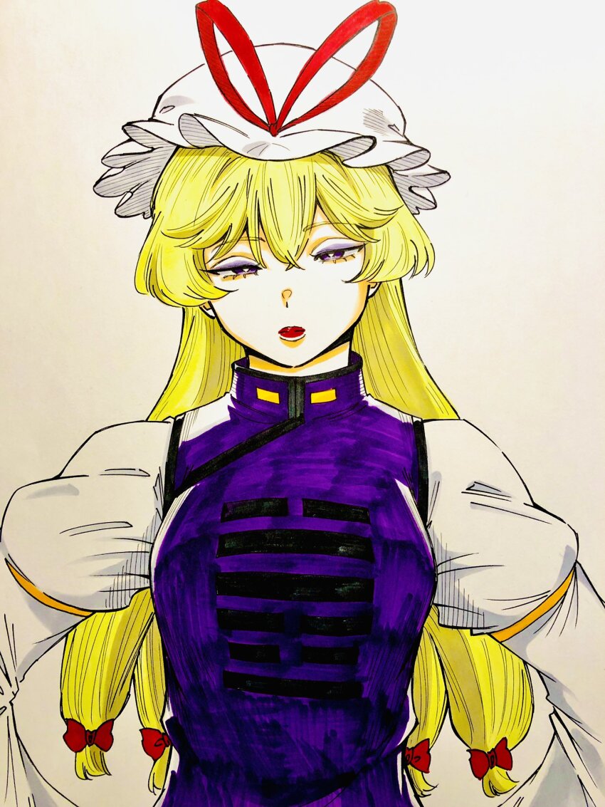 1girl blonde_hair bow breasts dress hair_bow hands_on_own_hips hat hat_ribbon highres juliet_sleeves long_hair long_sleeves medium_breasts mob_cap multiple_hair_bows parted_lips puffy_sleeves purple_eyes purple_tabard red_bow red_lips red_ribbon ribbon s590220 simple_background sleeve_garter solo tabard touhou traditional_media trigram upper_body very_long_hair white_background white_dress white_hat wide_sleeves yakumo_yukari