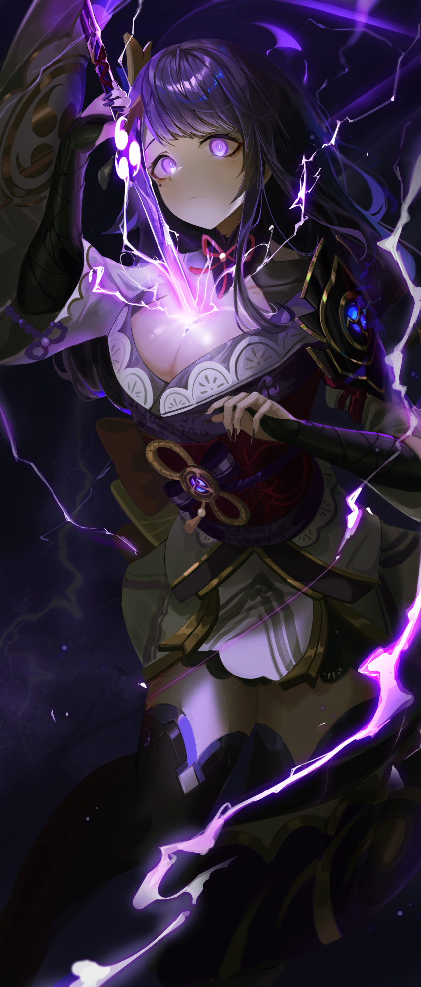 1girl absurdres armor black_gloves black_thighhighs blush bow breasts cleavage closed_mouth commentary_request drawing_sword genshin_impact gloves glowing glowing_eyes glowing_sword glowing_weapon hair_ornament hair_over_breasts hair_over_one_breast highres holding holding_sword holding_weapon human_scabbard japanese_clothes kimono korean_commentary large_breasts light_blush lightning lightning_background long_hair mitsudomoe_(shape) mole mole_under_eye musou_isshin_(genshin_impact) nn11 obi obiage obijime purple_eyes purple_hair raiden_shogun red_bow sash sheath short_sleeves shoulder_armor solo sword tassel tassel_hair_ornament thighhighs tomoe_(symbol) unsheathing weapon