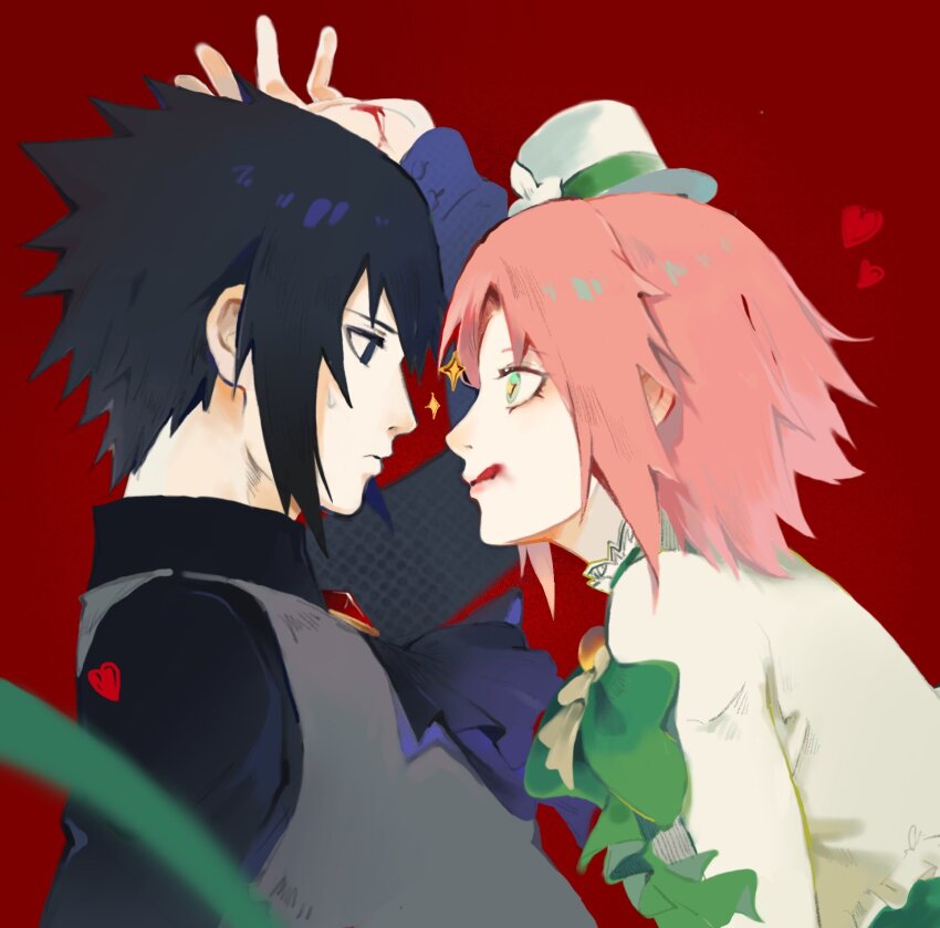 1boy 1girl ascot black_eyes black_hair blue_ascot blue_eyes blue_shirt couple eye_contact green_ribbon grey_vest haruno_sakura hat highres looking_at_another mini_hat mini_top_hat mlynar naruto_(series) pink_hair profile red_background ribbon shirt short_hair sparkle sparkling_eyes spiked_hair top_hat uchiha_sasuke vest