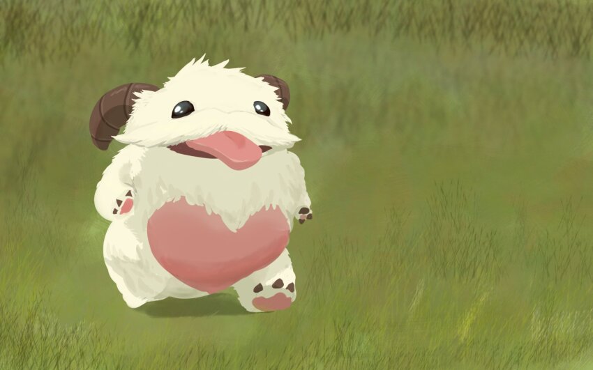 animal animal_focus black_eyes grass highres horns league_of_legends no_humans outdoors poro_(league_of_legends) suiju_(morisui) tongue tongue_out walking white_fur