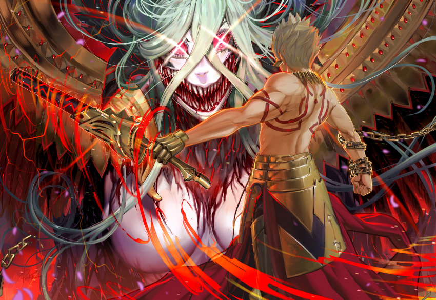 1boy 1girl absurdres arm_at_side arm_tattoo armor back back_tattoo bare_back battle big_mouth blonde_hair blood blood_from_mouth blood_on_breasts blood_on_face blood_on_teeth breasts broken broken_chain cape chain chained cleavage clenched_hand commentary confrontation crossed_bangs duel ea_(fate) earrings electricity energy english_commentary eyebrows_hidden_by_hair eyelashes fate/grand_order fate_(series) faulds from_behind gauntlets gem giant giantess gilgamesh_(fate) glowing glowing_eyes gold gold_armor highres holding holding_sword holding_weapon horns horror_(theme) huge_filesize jewelry large_breasts long_bangs long_hair mixed-sex_combat monster muscular muscular_male necklace no_nipples nose open_mouth outstretched_arm petra-ii red_cape red_eyes scales sharp_teeth shoulder_tattoo signature spiked_hair sword symbol-shaped_pupils tattoo teeth tiamat_(dragon)_(fate) tiamat_(fate) very_long_hair waist_cape weapon wings x-shaped_pupils