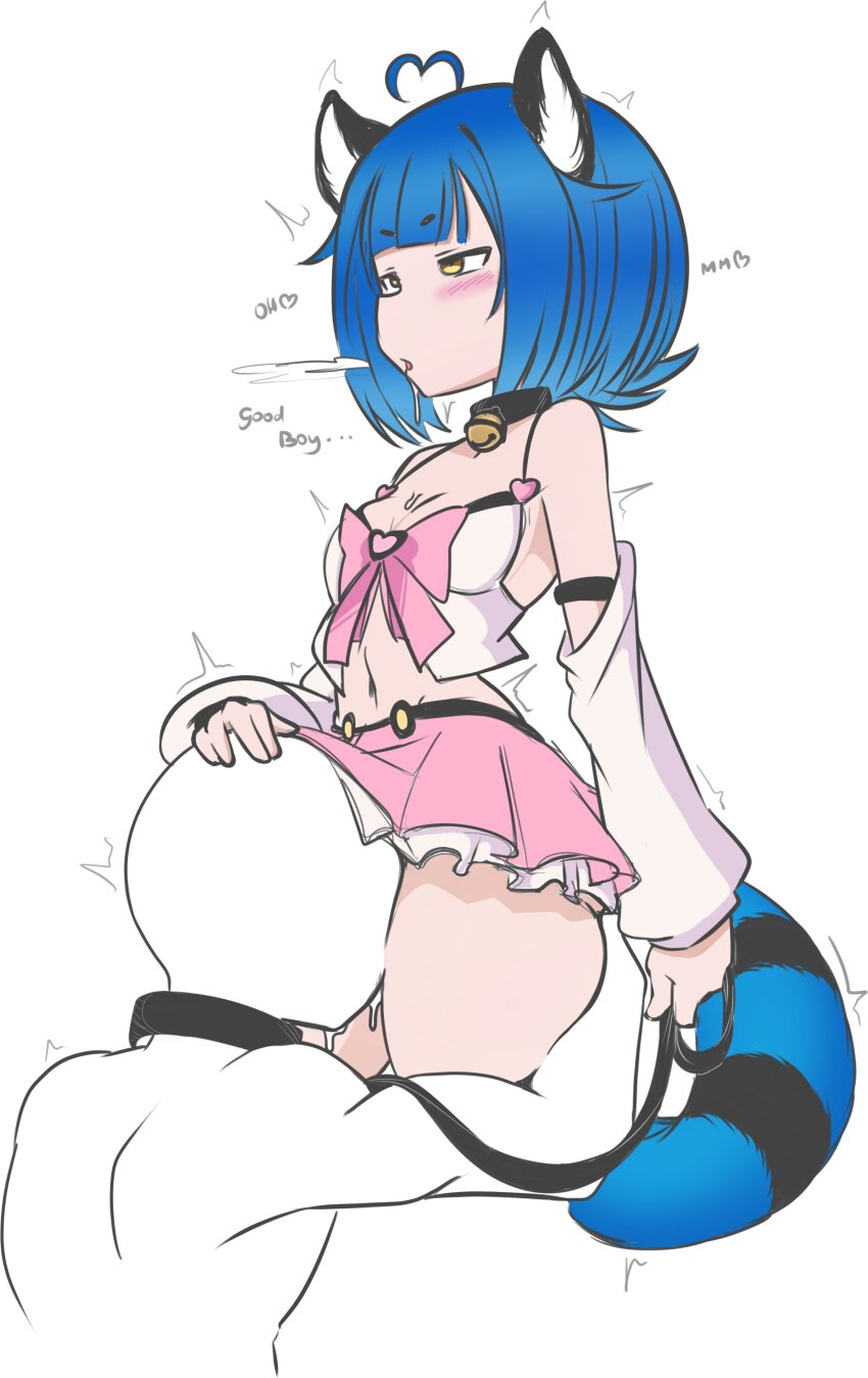 1boy 1girl absurdres ahoge animal_ears blue_hair blush breasts chromashift clothes_lift collar cunnilingus detached_sleeves gadoodler grabbing_another&#039;s_ass groping hetero highres leash loli oral poko_rakun raccoon_ears raccoon_girl raccoon_tail skirt skirt_lift small_breasts tail thick_thighs thighs virtual_youtuber yellow_eyes