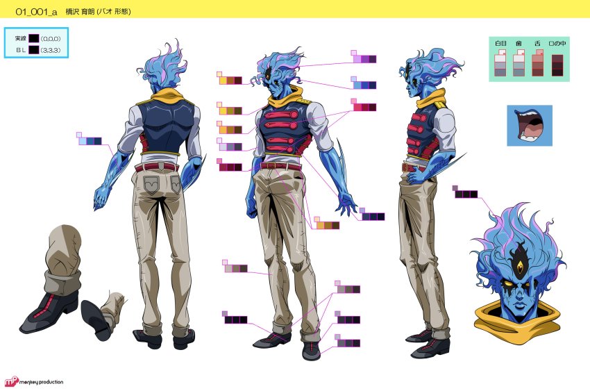 1boy absurdres arm_blade baoh baoh_raihousha belt black_footwear black_sclera blue_hair blue_skin closed_mouth color_guide colored_sclera colored_skin grandguerrilla grey_pants hand_on_own_hip hashizawa_ikurou highres jojo_no_kimyou_na_bouken male_focus multiple_views pants red_belt shoes short_sleeves simple_background standing third_eye weapon white_background yellow_eyes