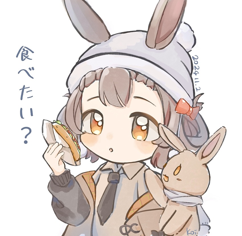 1girl :o animal_ears arknights beanie black_necktie black_sleeves bow brown_coat brown_hair brown_shirt burger chibi chinese_commentary coat coat_partially_removed collared_shirt commentary_request curious dated ears_through_headwear food food_wrapper fox39367 fur-trimmed_headwear fur_trim grey_hat hair_bow hair_rings hat highres holding holding_food light_blush long_sleeves necktie official_alternate_costume orange_eyes parted_lips pom_pom_(clothes) pom_pom_beanie puffy_long_sleeves puffy_sleeves rabbit_ears rabbit_girl red_bow shirt short_hair signature simple_background solo stuffed_animal stuffed_rabbit stuffed_toy tareme translation_request warmy_(arknights) warmy_(warm_velvet_at_the_corner)_(arknights) white_background winter_clothes winter_coat