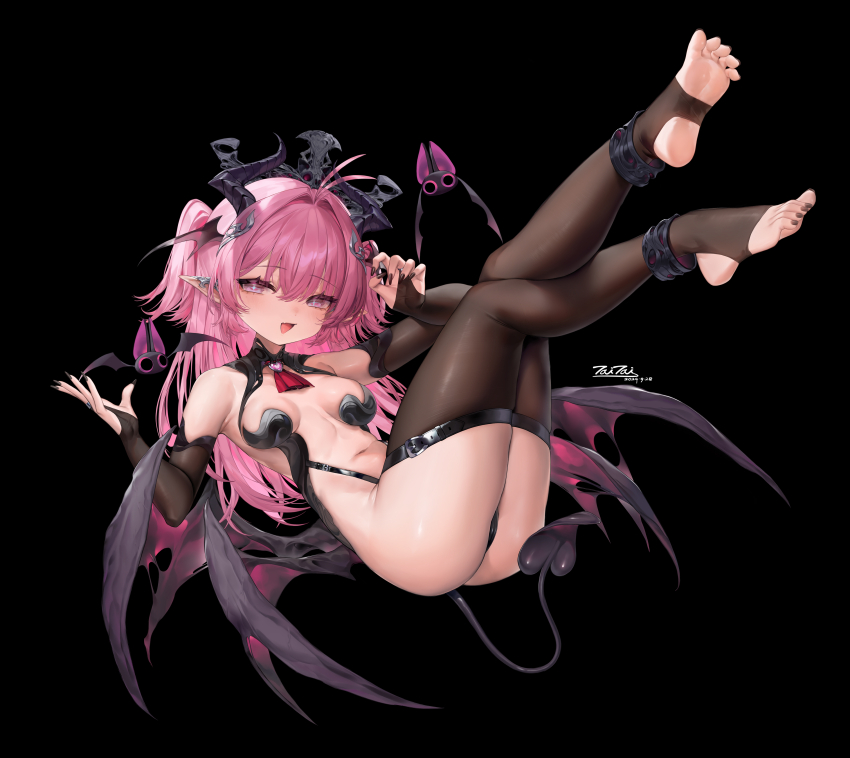 +_+ 1girl absurdres ankle_cuffs antenna_hair armpits artist_name ass bare_shoulders bat_(animal) belt_buckle black_background black_bridal_gauntlets black_nails breasts bridal_gauntlets brooch buckle crossed_legs crown dated demon_girl demon_horns demon_tail ear_covers fang feet fingernails full_body hair_intakes hair_ornament heart heart_brooch highres horns jewelry legs legs_up long_hair looking_at_viewer medium_breasts multiple_wings navel open_hand open_mouth original pink_eyes pink_hair pointy_ears ring shiny_skin skin_fang small_breasts soles stirrup_legwear strap tail taitai thighs toeless_legwear toenails toes triangle_mouth wings