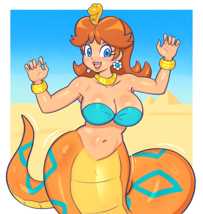 1girl absurdres blue_eyes bracelet breasts brown_hair curled_ends desert earrings eyelashes fang flower_earrings gold_bracelet gold_necklace highres jewelry lamia large_breasts lumadraws mario_(series) medium_hair monster_girl monsterification necklace nintendo orange_scales princess_daisy pyramid_(structure) snake_crown snake_girl super_mario_land tan