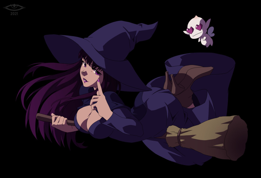 1girl ass berserk breasts broom brown_footwear butt_crack cleavage cleavage_cutout clothing_cutout dress hat heart heart-shaped_pupils high_heels lipstick long_hair makeup morda nail_polish nopperabo-desu puck_(berserk) purple_dress purple_eyes purple_lips symbol-shaped_pupils witch witch_hat