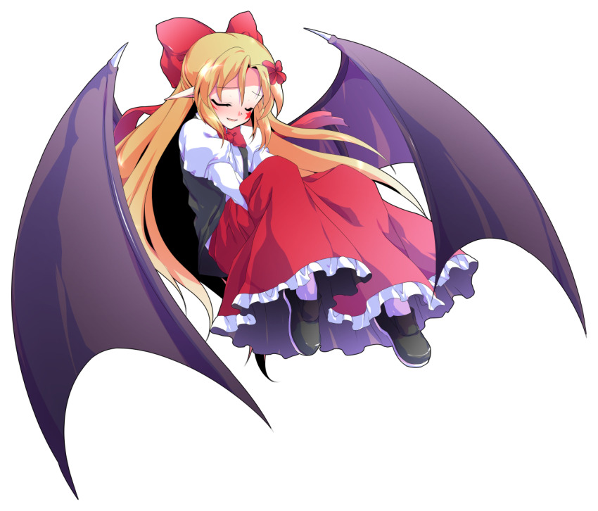 1girl alphes_(style) bat_wings black_shoes black_vest black_wings blonde_hair blush bow bowtie closed_eyes commentary_request dairi elis_(touhou) facial_mark flower frilled_skirt frills full_body hair_bow hair_flower hair_ornament loafers long_hair long_sleeves mark_under_eye open_clothes open_mouth open_vest pantyhose parody pointy_ears red_bow red_bowtie red_flower red_skirt shirt shoes simple_background skirt smile solo star_(symbol) star_facial_mark style_parody tachi-e touhou touhou_(pc-98) transparent_background very_long_hair vest white_pantyhose white_shirt wings