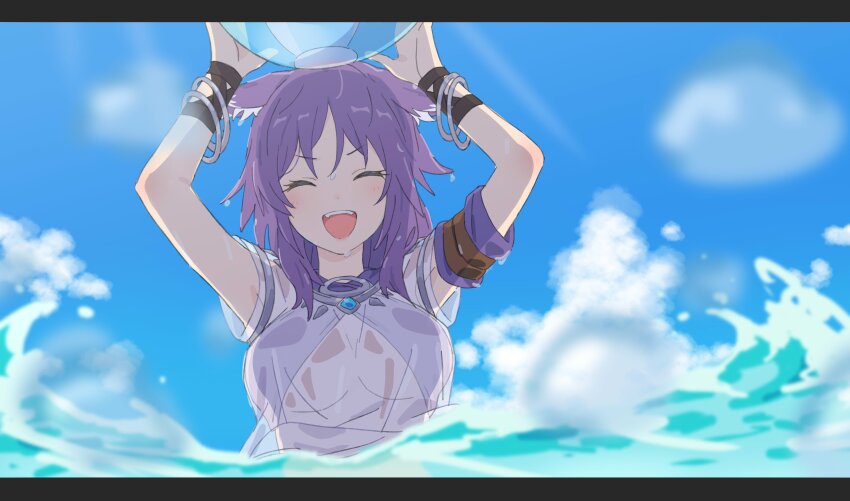 1girl absurdres animal_ear_fluff animal_ears armband arms_up ball bangle beachball bikini bikini_under_clothes blush bracelet breasts closed_eyes cloud day facing_viewer highres holding holding_ball jewelry laika_(sputnik2nd) letterboxed long_hair makoto_(princess_connect!) makoto_(summer)_(princess_connect!) medium_breasts open_mouth outdoors pink_bikini princess_connect! purple_hair shirt smile solo swimsuit teeth upper_body upper_teeth_only wading water wet wet_clothes wet_shirt wolf_ears wrist_cuffs