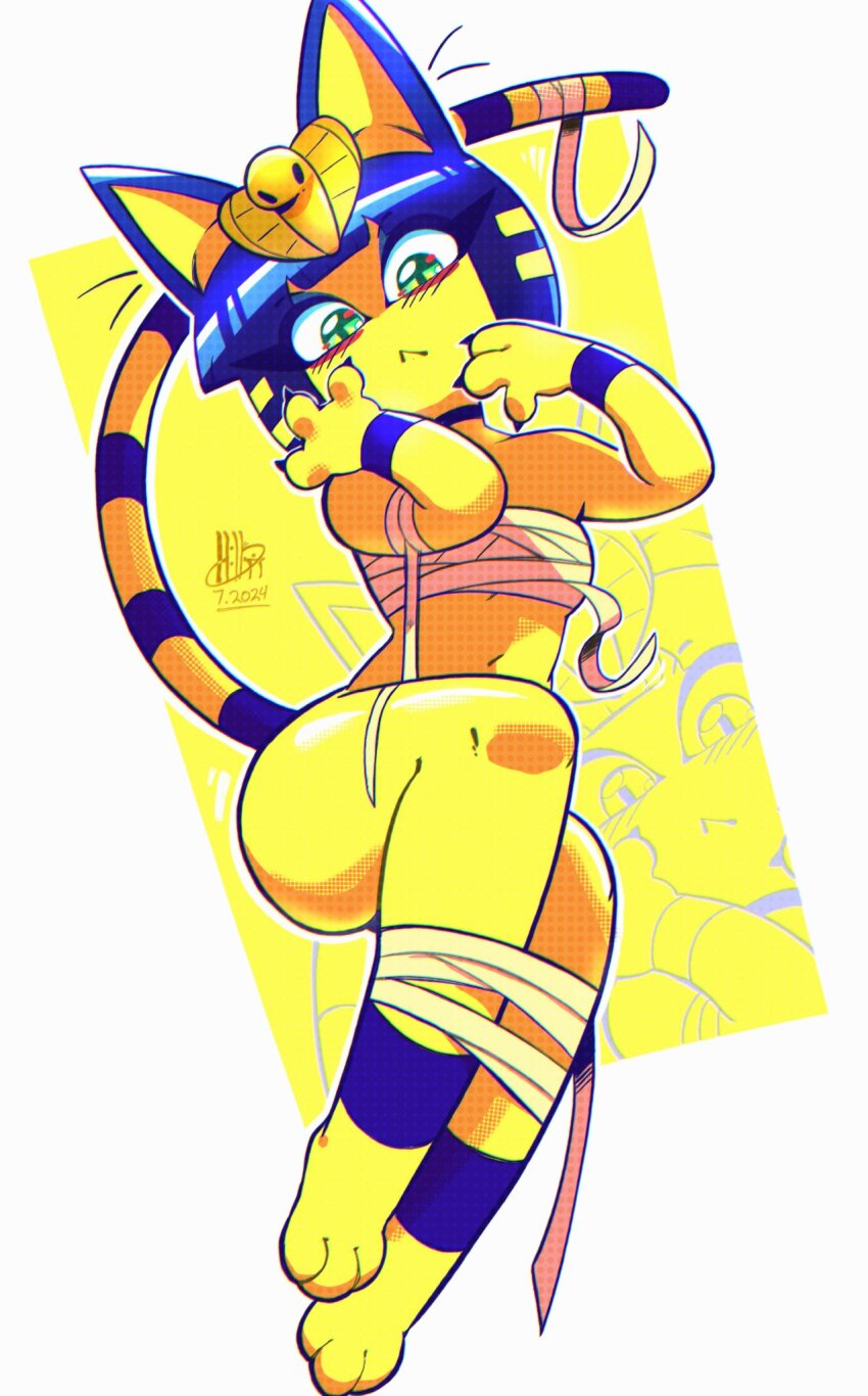 1girl animal_crossing ankha_(animal_crossing) bandages blue_eyes blush bob_cut choker claws ftpickaxe full_body furry furry_female green_eyes highres leg_wrap looking_down nintendo solo striped_tail tail thick_thighs thighs uraeus