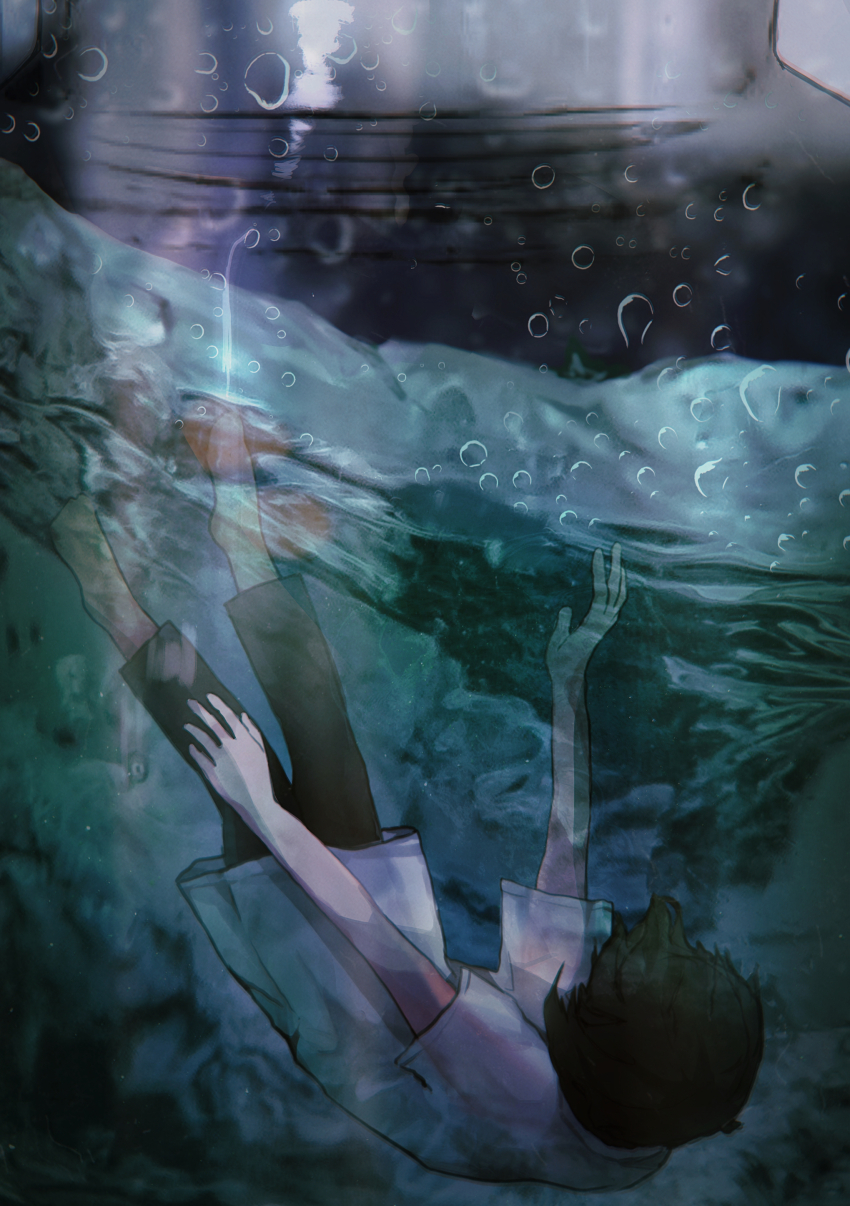 1girl absurdres black_hair commentary covered_face hair_over_face highres mikasamu original shirt short_hair short_sleeves submerged water white_shirt