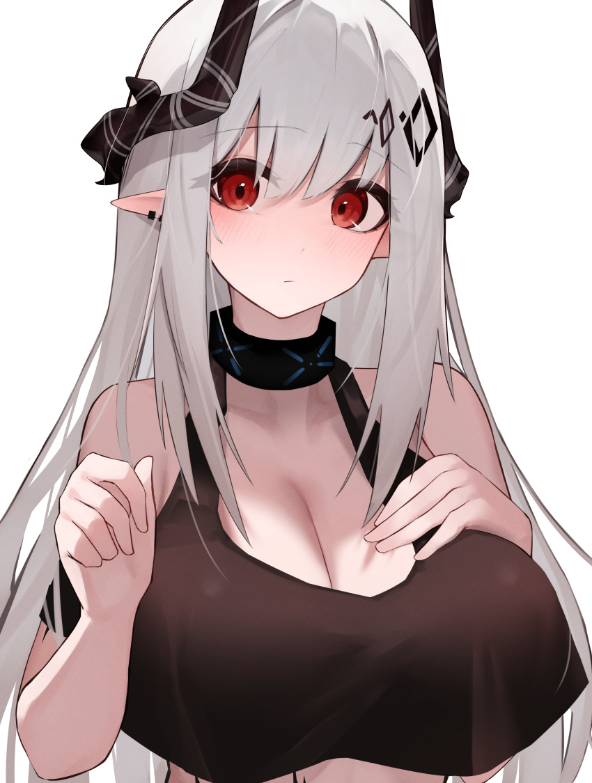 1girl absurdres arknights bare_shoulders black_horns black_sports_bra breasts cleavage close-up closed_mouth commentary_request earrings expressionless eyes_visible_through_hair grey_hair hair_between_eyes hand_on_own_chest hand_up highres horns huge_breasts infection_monitor_(arknights) jewelry light_blush long_hair looking_at_viewer mudrock_(arknights) paid_reward_available partial_commentary pointy_ears red_eyes sidelocks simple_background solo sports_bra upper_body white_background worimehl