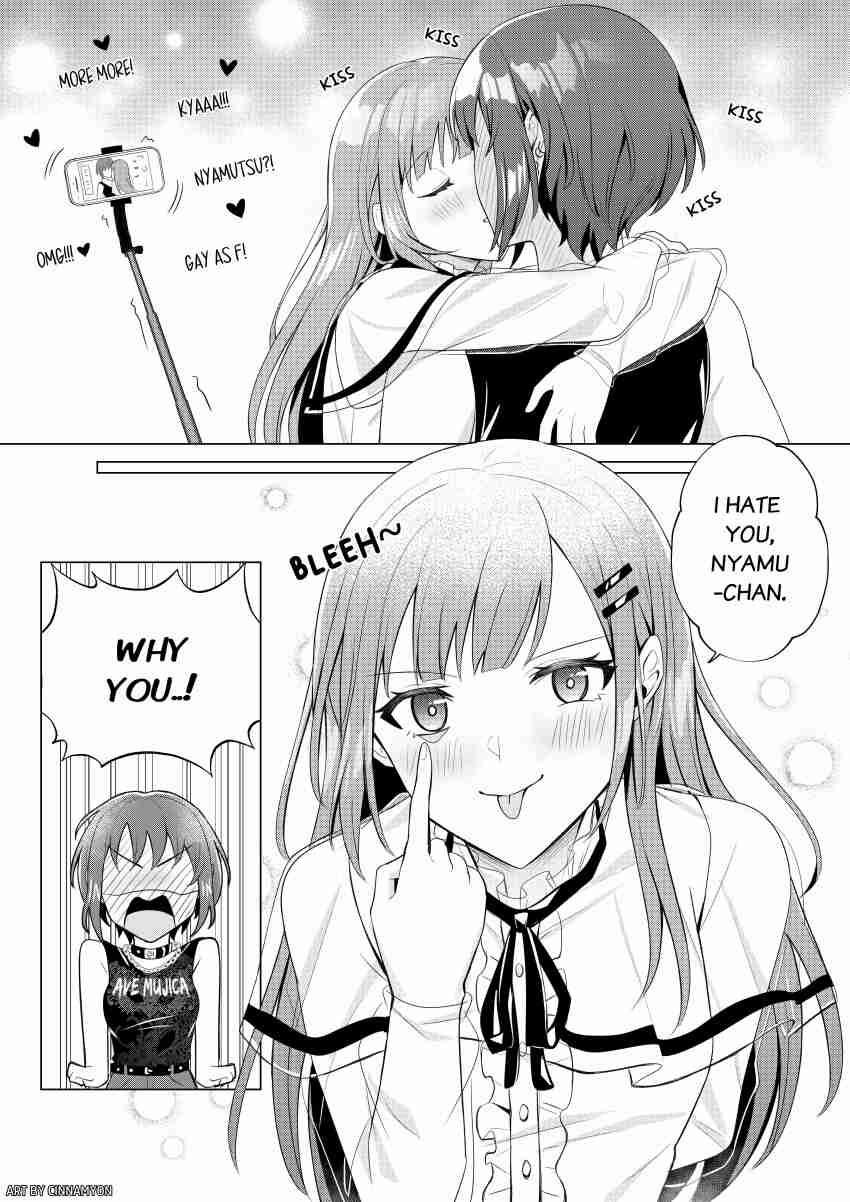 2girls absurdres bang_dream! bang_dream!_it&#039;s_mygo!!!!! blush cape cinnamyon commentary earrings english_commentary english_text full-face_blush greyscale hair_ornament hairclip highres index_finger_raised jewelry kiss mixed-language_commentary monochrome multiple_girls neck_ribbon necklace ribbon selfie_stick shirt sleeveless sleeveless_shirt tongue tongue_out wakaba_mutsumi yuri yuutenji_nyamu
