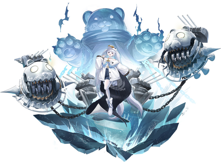 1girl absurdly_long_hair absurdres anchor_symbol artist_request azur_lane bear black_cape blue_neckerchief blue_skirt boots bow buttons cannon cape chain cloak coat dmitri_donskoi_(azur_lane) fang floating floating_object floating_weapon full_body fur_trim ghost hair_between_eyes hand_up hat highres ice jacket leg_up long_hair long_sleeves machinery miniskirt navel neckerchief non-web_source off_shoulder official_art open_mouth pantyhose peaked_cap pleated_skirt purple_eyes ribbon rigging sailor_collar sidelocks skirt sleeves_past_wrists smile standing standing_on_one_leg stuffed_animal stuffed_toy teddy_bear transparent_background twintails two-sided_fabric very_long_hair very_long_sleeves weapon white_cloak white_coat white_hair white_jacket white_pantyhose white_sailor_collar wide_sleeves