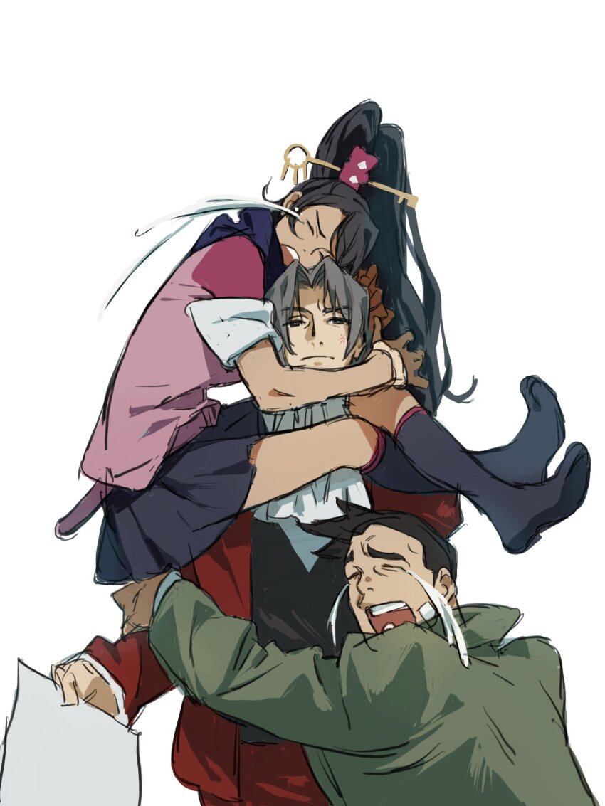 1girl 2boys ace_attorney ace_attorney_investigations ace_attorney_investigations:_miles_edgeworth ace_attorney_investigations_2:_prosecutor&#039;s_gambit black_hair coat crying dick_gumshoe formal_clothes friends highres hug kay_faraday miles_edgeworth multiple_boys sotenborii suit white_hair