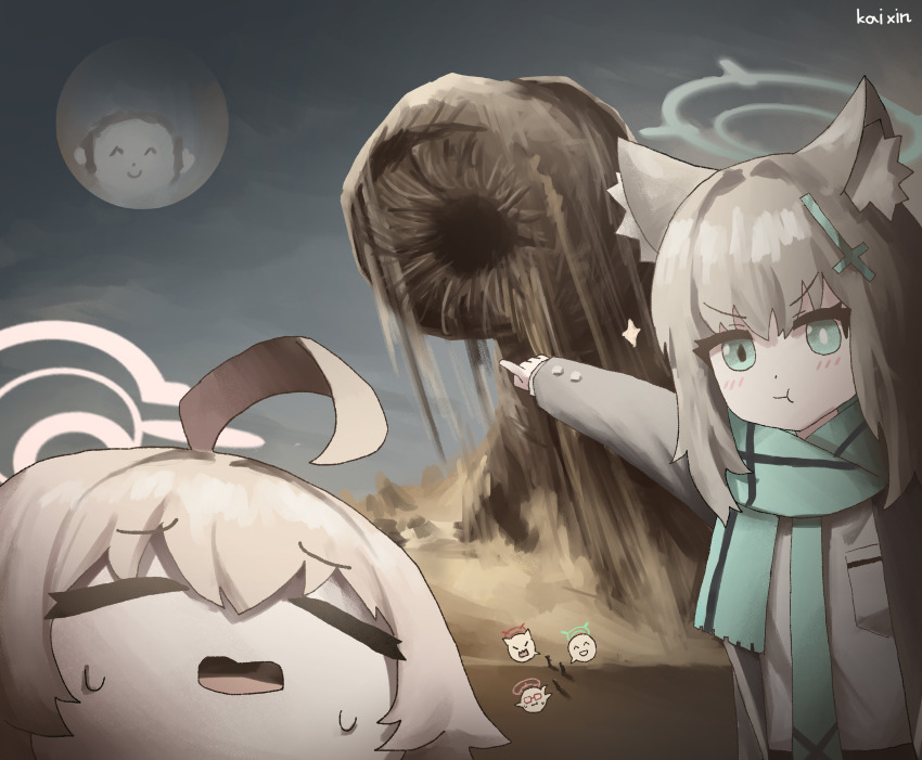 5girls absurdres ahoge animal_ear_fluff animal_ears ayane_(blue_archive) blue_archive blue_eyes blue_necktie blush cross_hair_ornament doodle_sensei_(blue_archive) dune_(series) grey_hair grey_jacket hair_between_eyes hair_ornament highres hoshino_(blue_archive) jacket kai_xin long_hair meme multiple_girls necktie nonomi_(blue_archive) open_mouth pink_hair pointing pout sandworm sensei_(blue_archive) serika_(blue_archive) shiroko_(blue_archive) shirt sidelocks sweatdrop two_soyjaks_pointing_(meme) white_shirt wolf_ears wolf_girl
