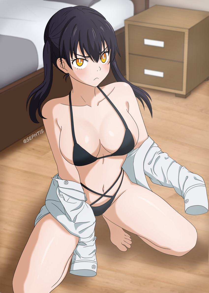 1girl absurdres armpit_crease barefoot bedroom bikini black_bikini black_hair breasts cleavage closed_mouth collarbone en&#039;en_no_shouboutai frown full_body highres large_breasts looking_at_viewer navel off_shoulder sephtis shirt sleeves_past_wrists squatting stomach swimsuit tamaki_kotatsu thighs twintails v-shaped_eyebrows white_shirt yellow_eyes