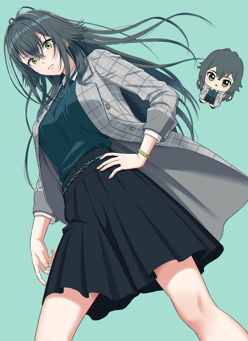 1girl antenna_hair black_skirt blush buttons chibi closed_mouth coat commentary_request crossed_bangs from_below gakuen_idolmaster green_background green_eyes green_hair grey_coat hair_between_eyes hair_flaps hand_on_own_hip highres idolmaster jacket long_hair long_sleeves looking_at_viewer nigou open_clothes open_coat plaid_clothes plaid_coat school_uniform shirt simple_background skirt standing tsukimura_temari very_long_hair