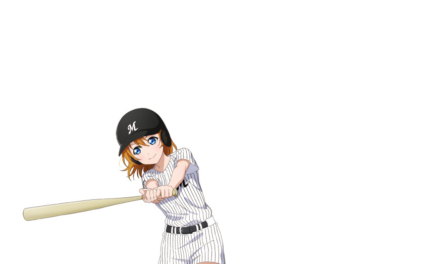 1girl baseball baseball_bat baseball_helmet baseball_uniform belt belt_buckle black_belt black_helmet blue_eyes blush buckle chiba_lotte_marines closed_mouth cowboy_shot helmet highres holding holding_baseball_bat kosaka_honoka looking_at_object looking_to_the_side love_live! love_live!_school_idol_project negative_space nippon_professional_baseball official_art orange_hair outline pants serious shirt short_sleeves shorts solo sportswear standing striped_clothes striped_pants striped_shirt swinging_baseball_bat transparent_background v-shaped_eyebrows vertical-striped_clothes vertical-striped_pants vertical-striped_shirt white_outline white_shirt white_shorts