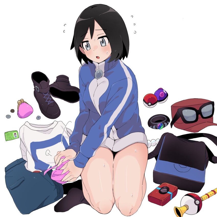 1girl :o black_bag black_hair blue_jacket boots bracelet breasts calem_(pokemon) coin commentary_request flying_sweatdrops genderswap genderswap_(mtf) grey_eyes hat highres holding holed_coin id_card jacket jewelry long_sleeves master_ball medium_breasts nintendo poke_ball poke_ball_(basic) poke_flute pokedex pokemon pokemon_xy puff_of_air red_hat sana_(37pisana) shirt short_hair sitting socks solo solo_focus sunglasses sweat turtleneck turtleneck_jacket unworn_boots unworn_shirt zipper_pull_tab